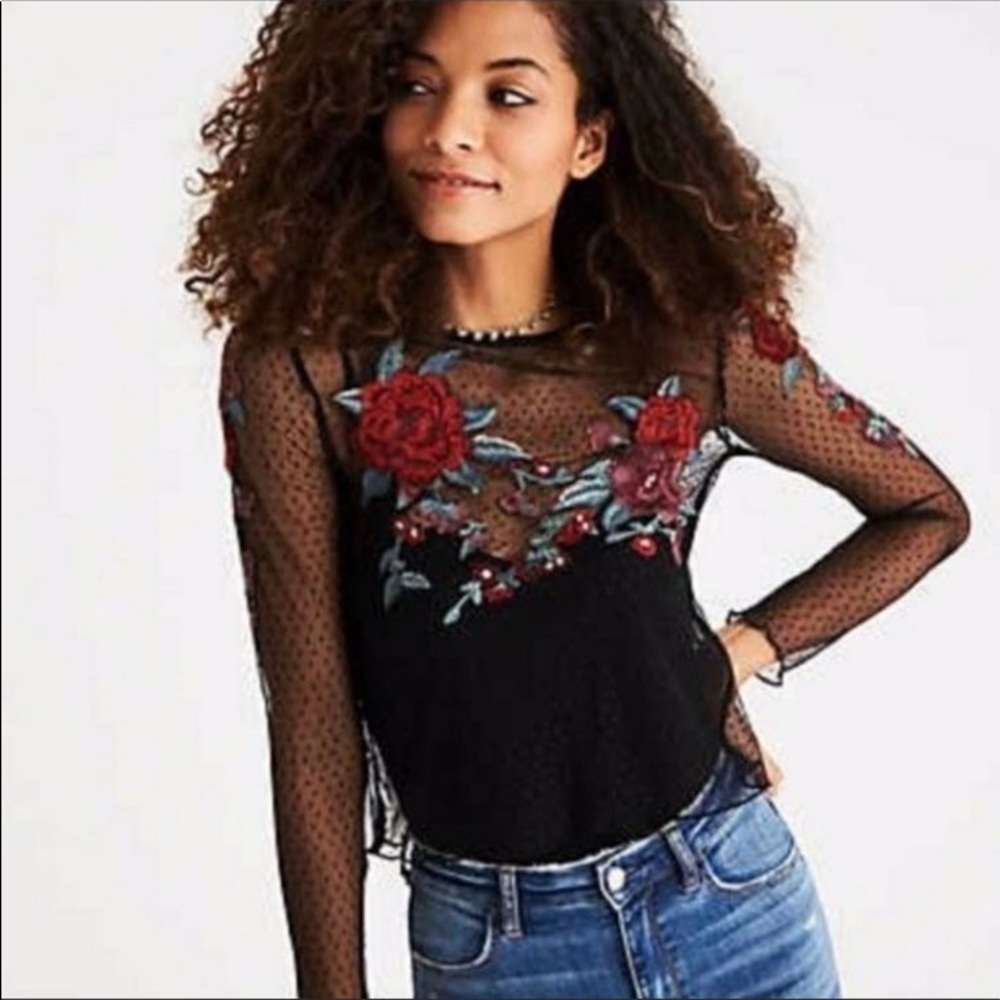 American Eagle black sheer dot long sleeve floral patches top women's XS